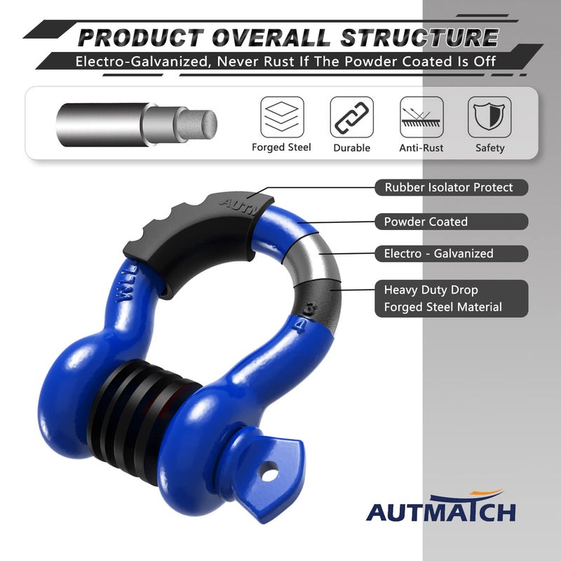AUTMATCH D Ring Shackle 3/4"" Shackles (2 Pack) 41,887Ibs Break Strength - Clevis Shackle with 7/8"" Screw Pin and Shackle Isolator Washers Kit for Tow Strap Winch Off Road Vehicle Recovery, Blue - Image 4